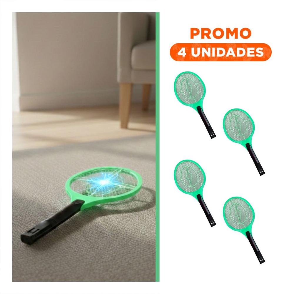 Pack4 Raqueta Electrica Verde Mango Negro para Hogar y Eliminacion de Mosquitos