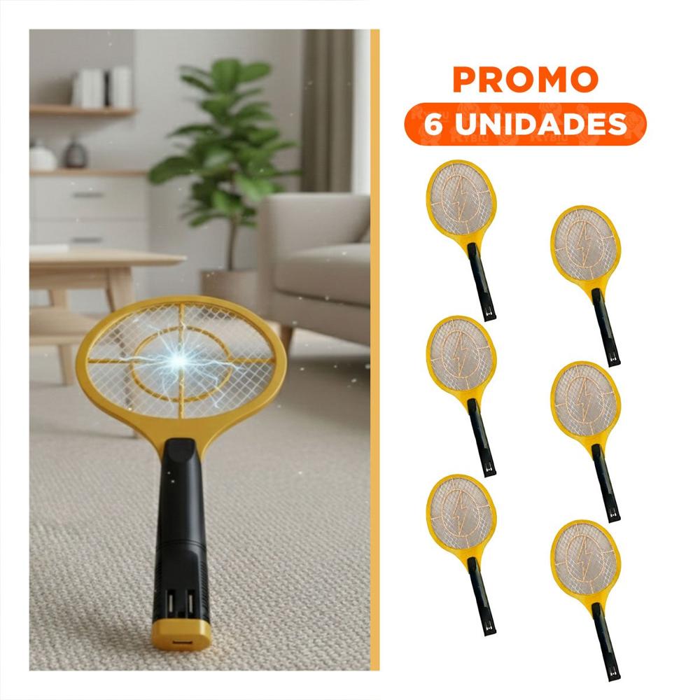 Pack6 Raqueta Anaranjado Electrica Mango Negro Eliminacion Mosquitos Y Regalo Sticker