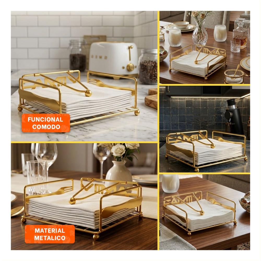 Soporte para Servilletas con Brazo Dispensador Dorado para Mesa Comedor Y Ligas Regalo