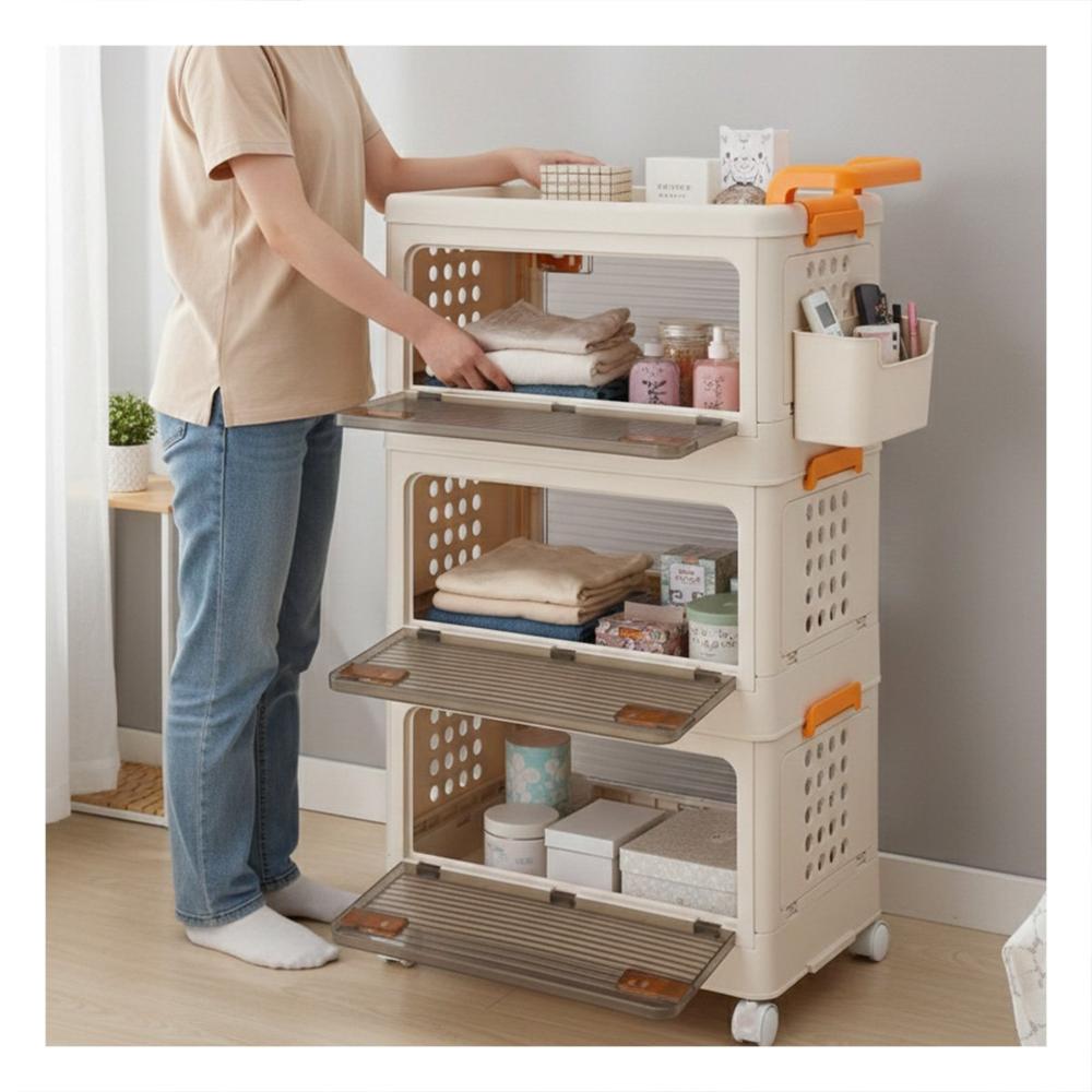 Carrito Cerrado con Cajones 3 Niveles Beige con Asa Naranja para Hogar