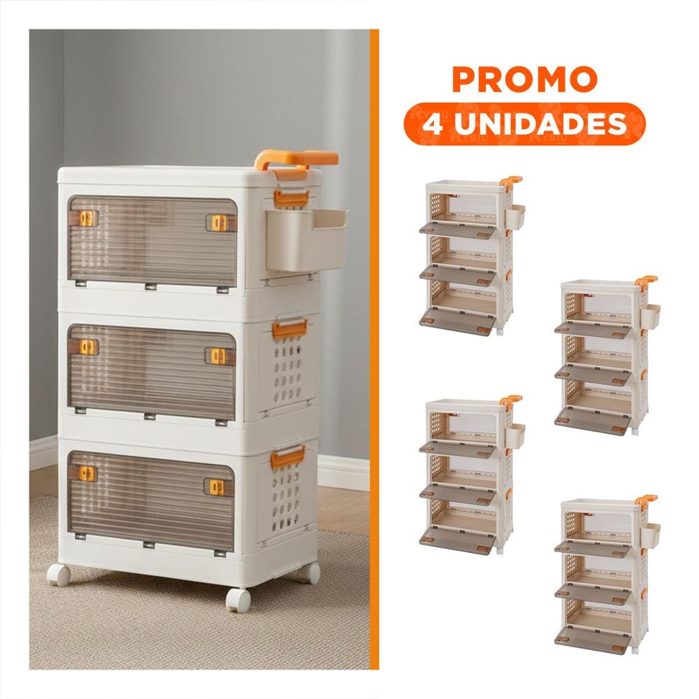 Pack4 Mueble con Cajones Cerrado 3 Niveles Beige Asa Naranja para Organizacion