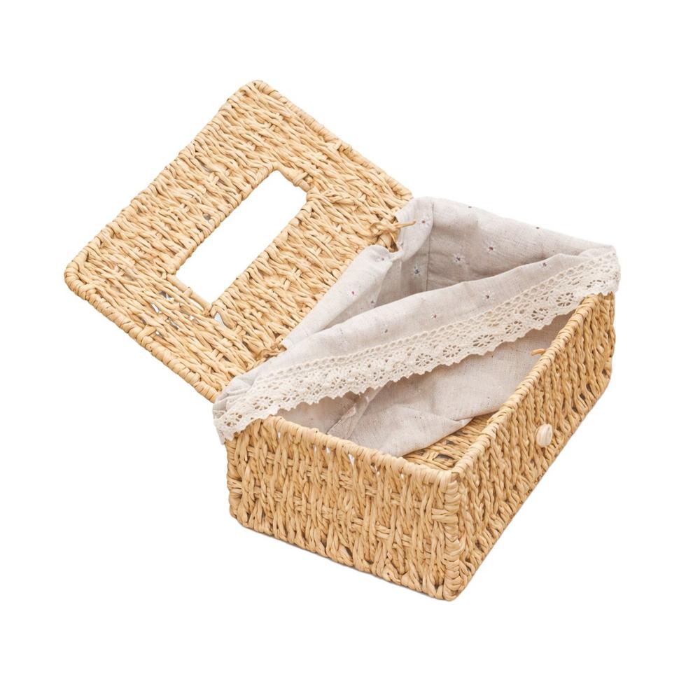 Dispensador Servilletas Canasta Tejida con Forro Tela Beige 20x14x9cm Y Regalo Sticker
