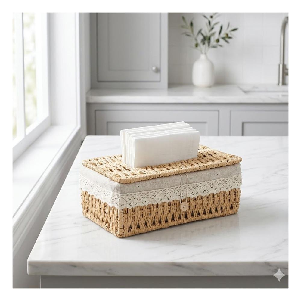Organizador Servilletas Canasta Tejida con Forro Tela Beige 20x14x9cm Y notas