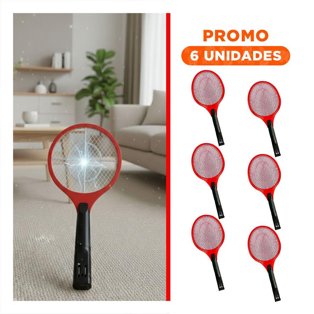 Pack6 Raqueta Electrica Rojo con Mango Negro para Casa y Uso en Interiores Y Regalo Sticker