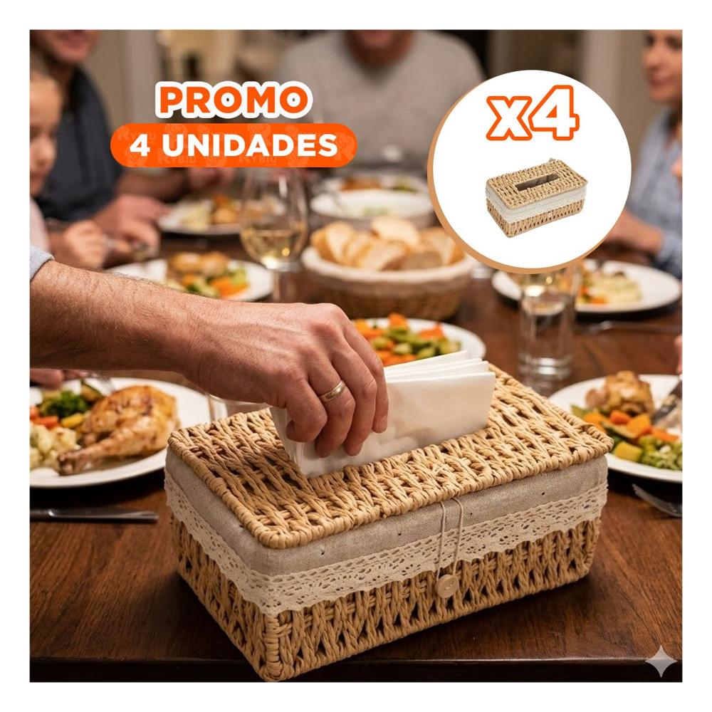 Pack4 Porta Servilletas Tejido Beige con Forro Tela 20x14x9cm Y Papel Regalo