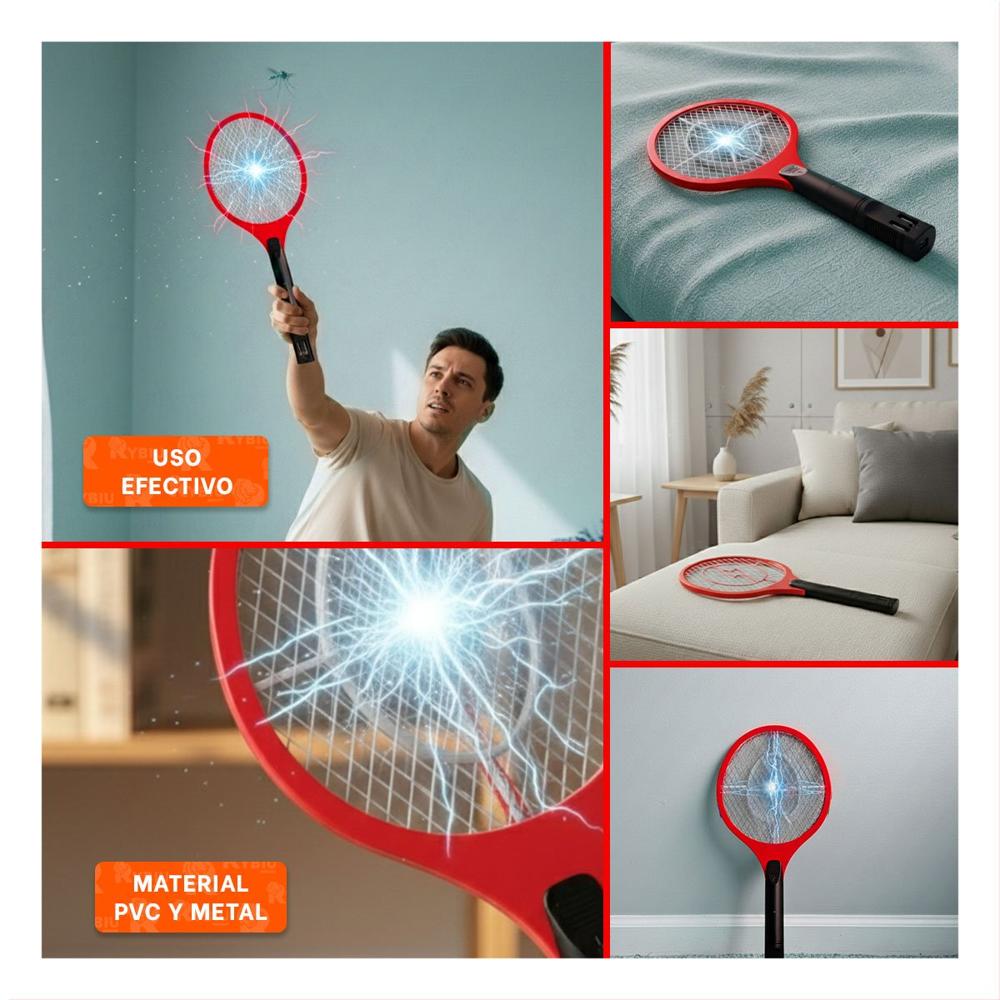 Raqueta Electrica Rojo con Mango Negro para Casa y Eliminacion de Mosquitos Y Ligas Regalo