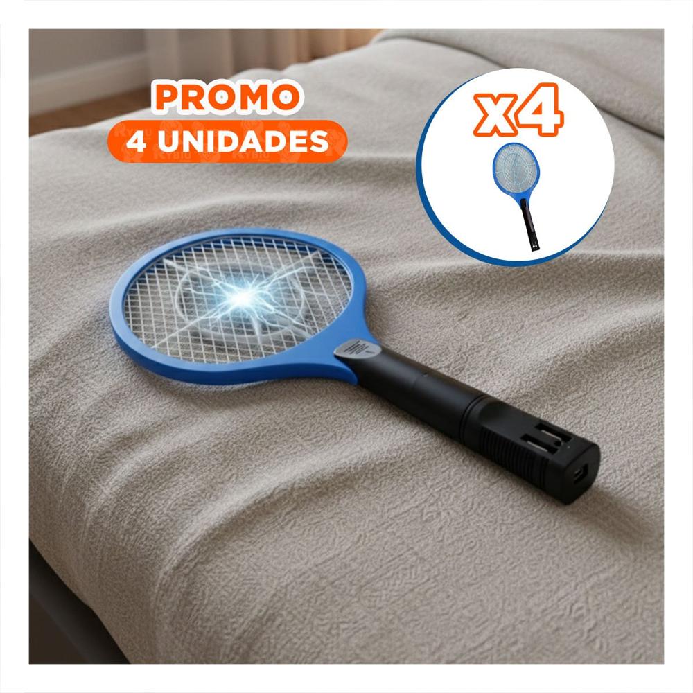 Pack4 Raqueta Azul con Mango Negro Mosquitera para Hogar y Control de Insectos Y Regalo Sticker