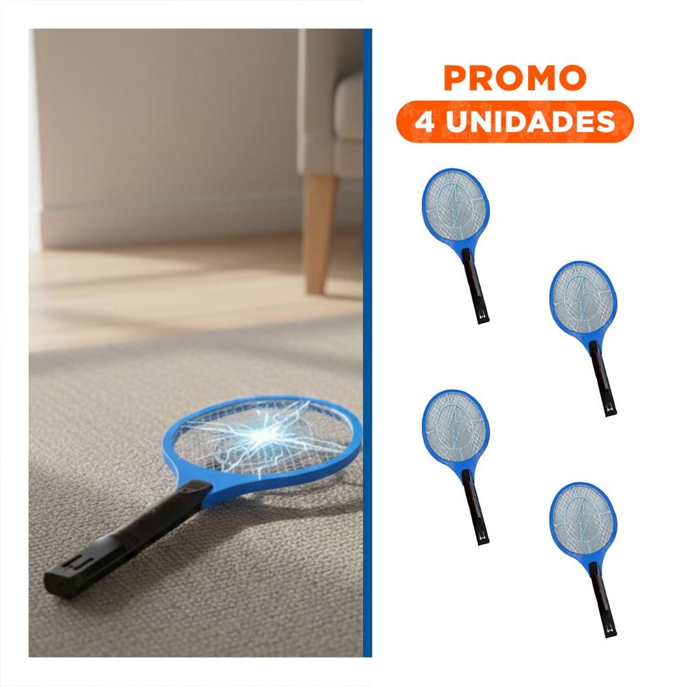 Pack4 Raqueta Electrica Azul Mango Negro para Hogar y Eliminacion de Mosquitos