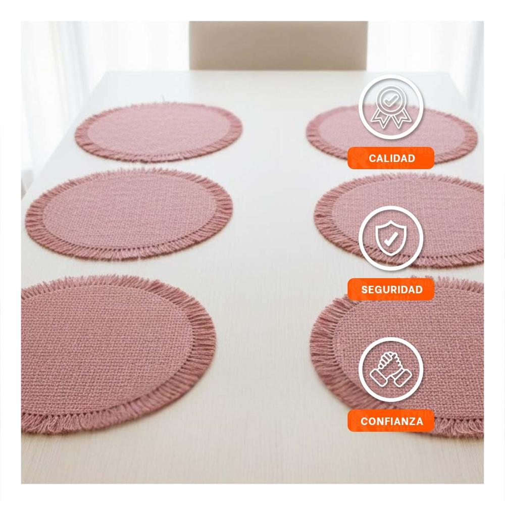 Individuales Circulares Tejidos con Flecos Color Rosado en Set de 6 Piezas para Mesa de 38cm
