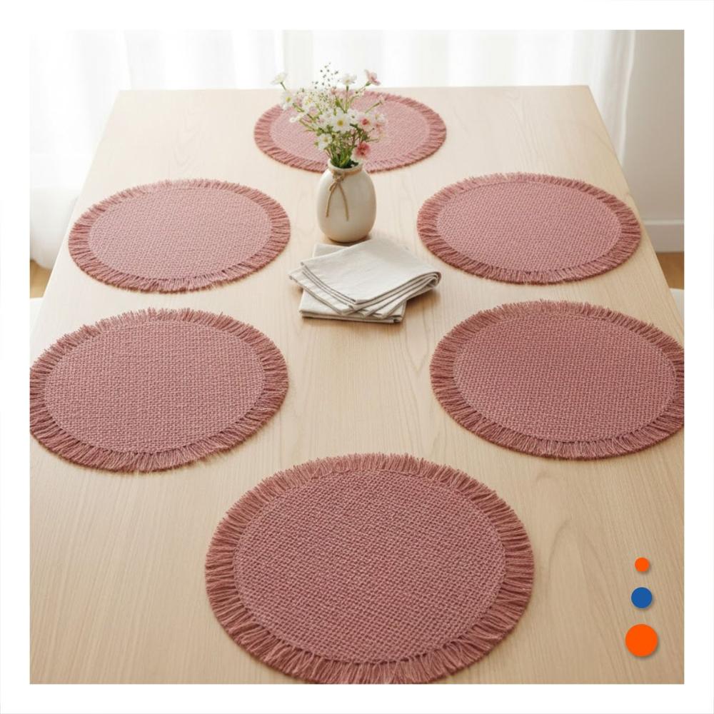 Individuales Circulares para Mesa en Color Rosado con Flecos Tejidos Set de 6 Y notas
