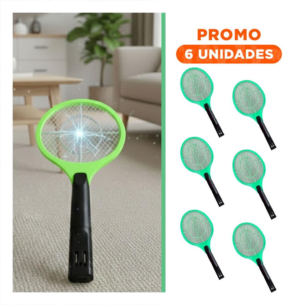 Pack6 Raqueta Electrica Verde con Mango Negro para Casa y Uso en Interiores Y Regalo Sticker