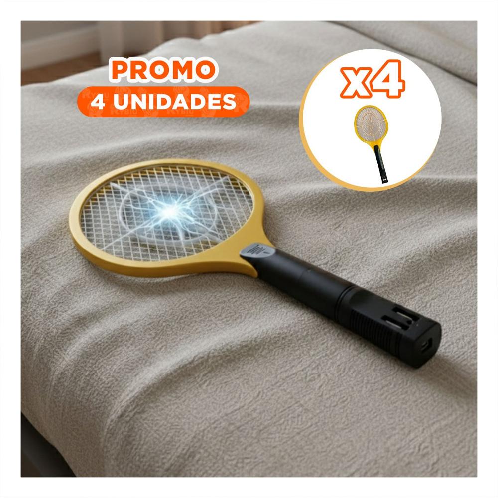 Pack4 Raqueta Anaranjado Mosquitera Mango Negro para Hogar y Control Insectos Y Regalo Sticker