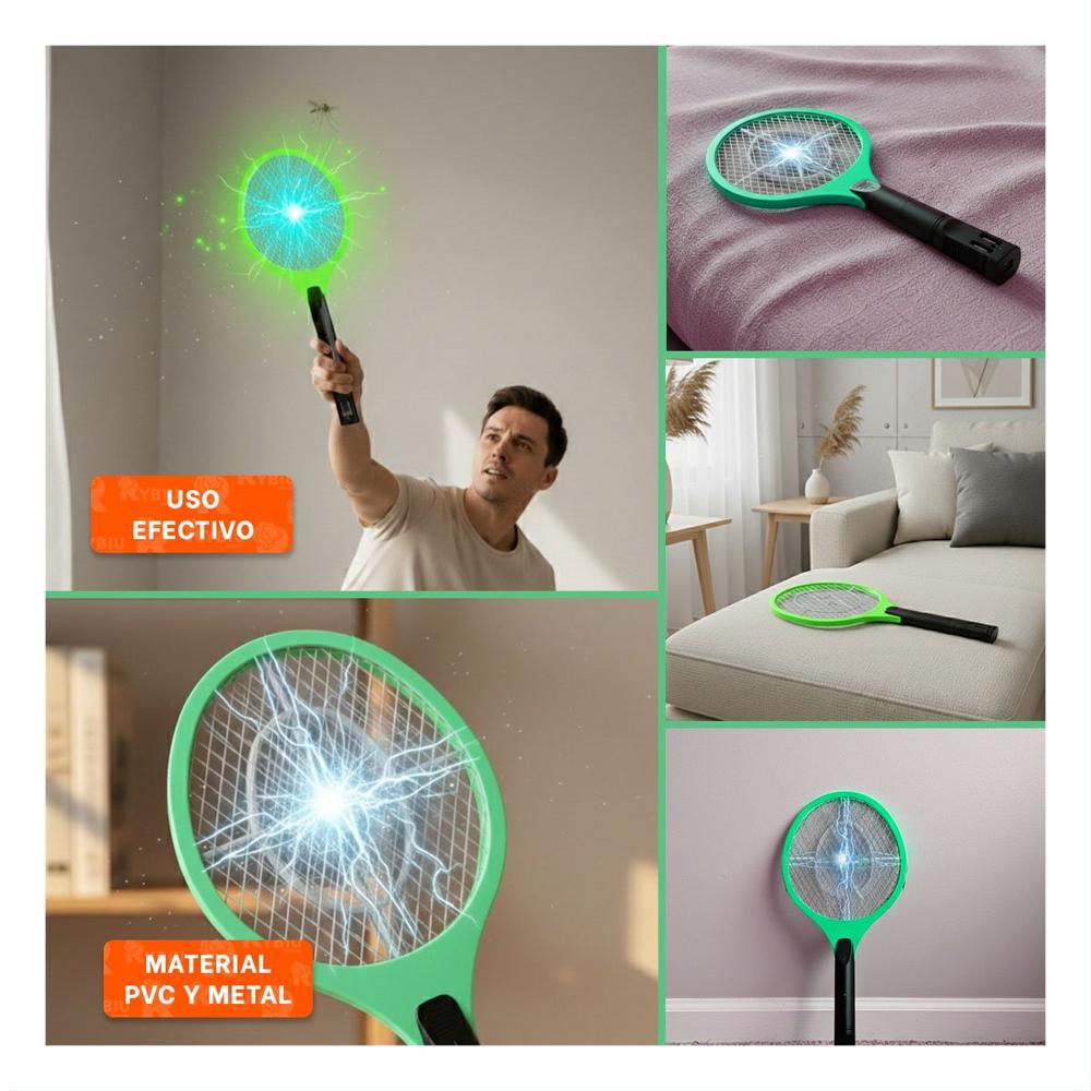 Raqueta Electrica Verde con Mango Negro para Casa y Eliminacion de Mosquitos Y Ligas Regalo
