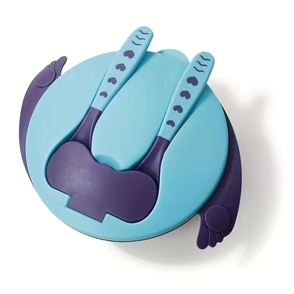 Bowl Antideslizante 3 divisiones con Cubiertos y Tapa SmartBaby Morado con Turquesa