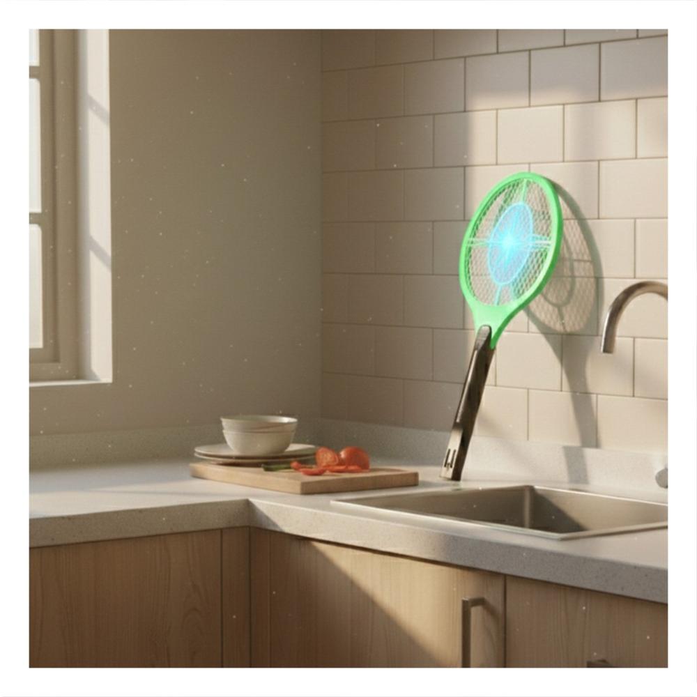 Dispositivo Mosquitera Verde con Mango Negro para Hogar y Control de Mosquitos Y Notas