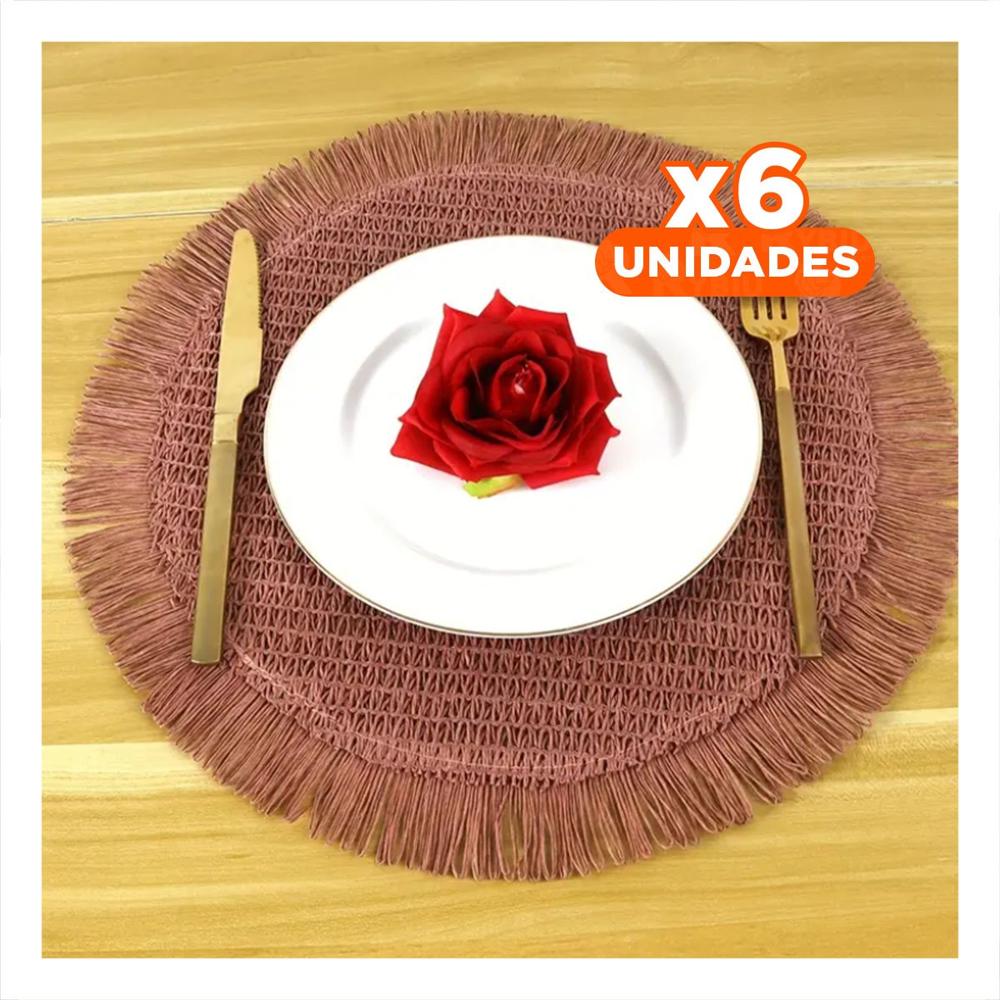 Pack6 Accesorios con Forma Circular Tejida Flecos Rosado Set de 6 Y Papel Regalo