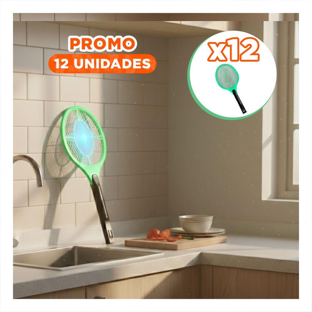 Pack12 Raqueta Mosquitera Verde Mango Negro para Casa y Control de Insectos Y Papel Regalo