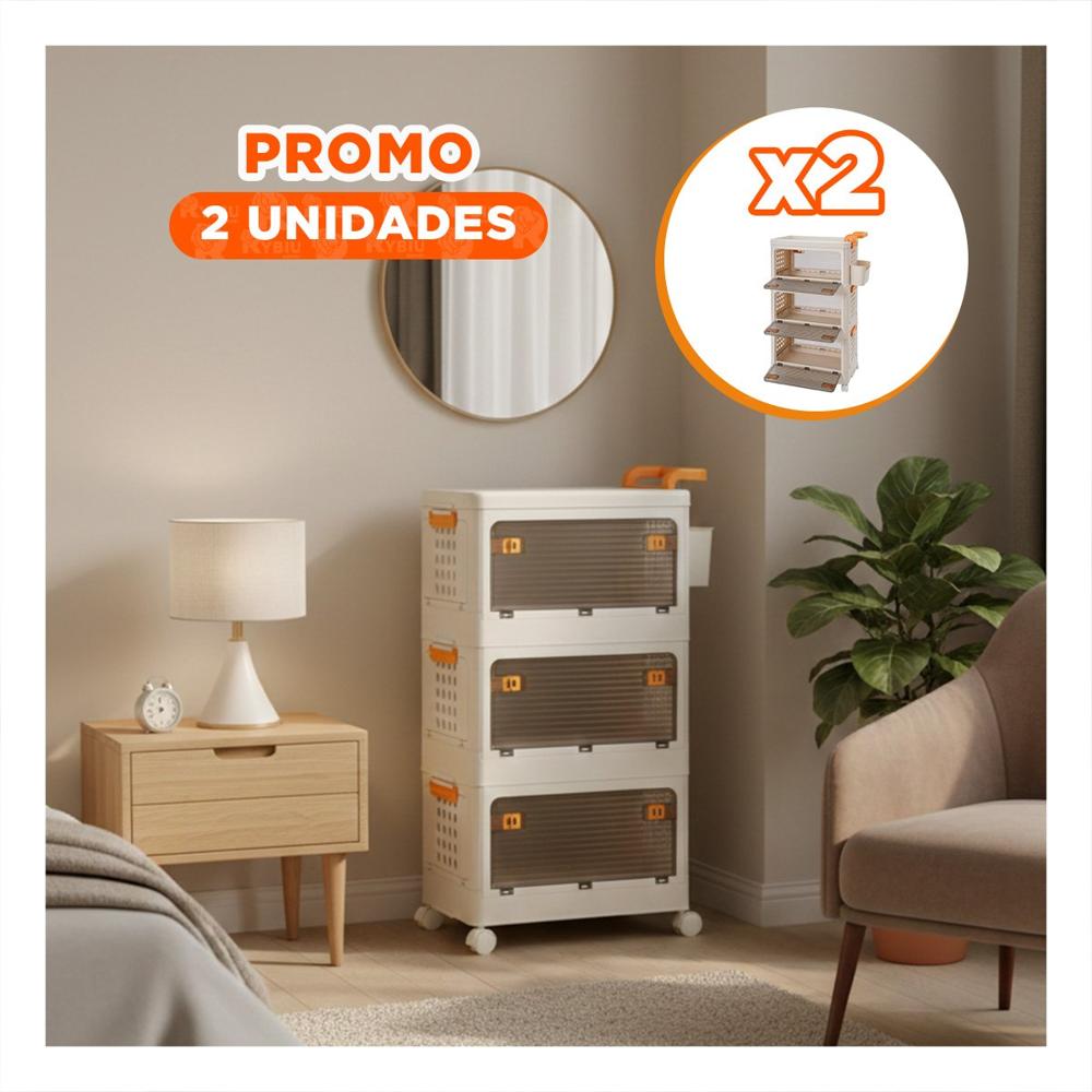 Pack2 Carrito con Cajones Cerrado 3 Niveles Beige Asa Naranja para Cocina Hogar