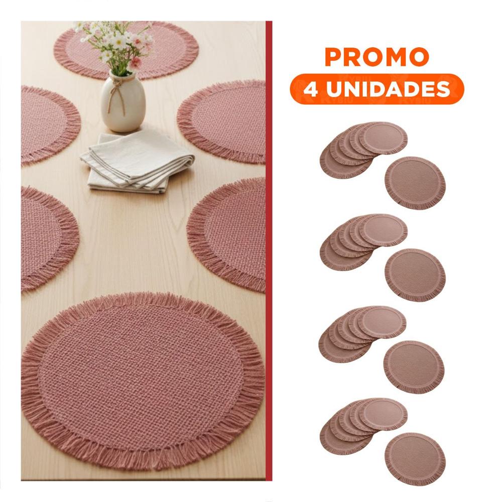 Pack4 Cubremesas Tejidos Circulares de Mesa Flecos Rosado Set de 6 de 38cm