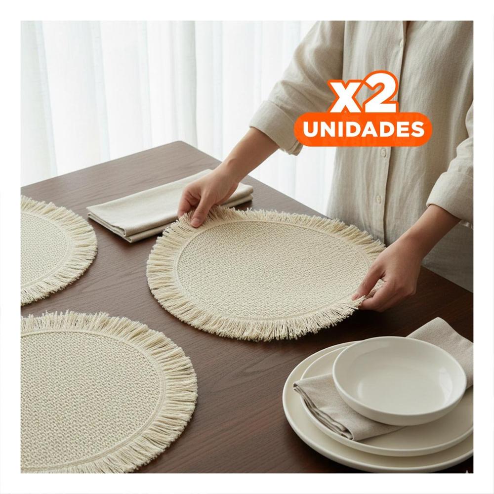 Pack2 Bases Tejidas Circulares con Flecos en Set de 6 Color Beige Y Papel Regalo