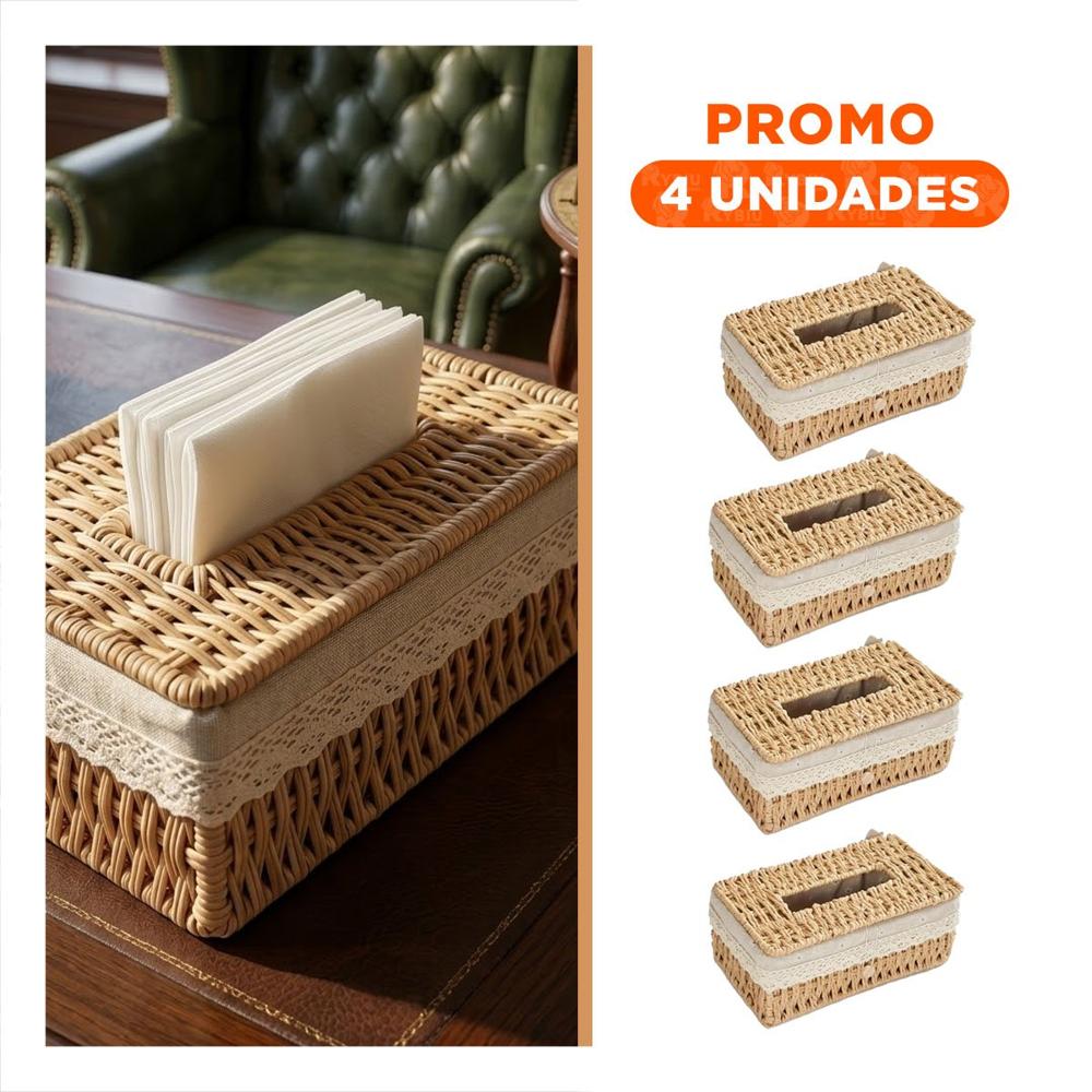 Pack4 Servilletero Tejido Beige con Forro Tela 20x14x9cm Organizador Mesa