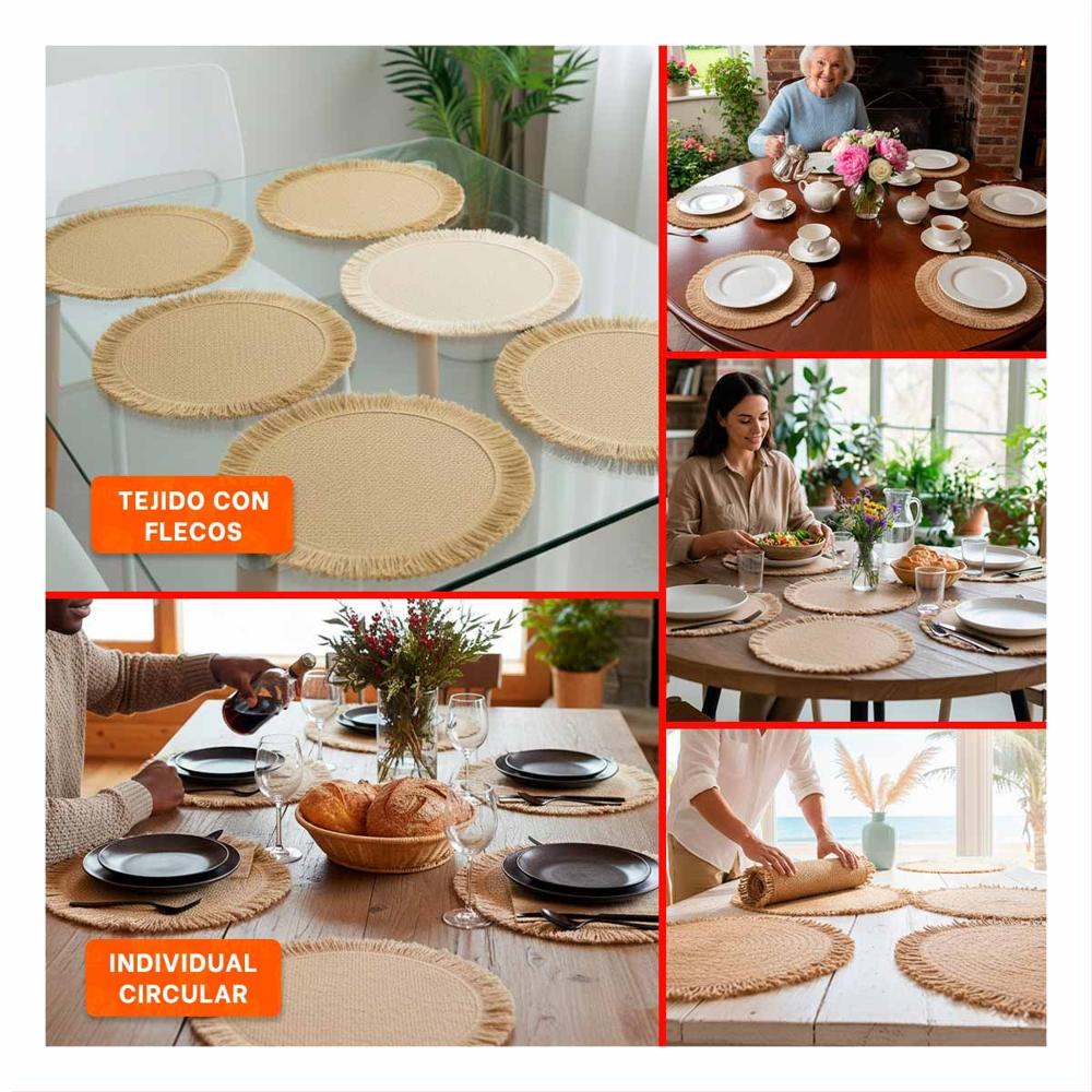 Individuales de Tejido Circular con Flecos en Set de 6 Piezas Color Caqui Y Ligas Regalo