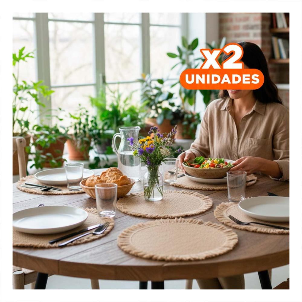 Pack2 Bases Circulares para Mesa con Flecos Tejidos Caqui Set de 6 de 38cm