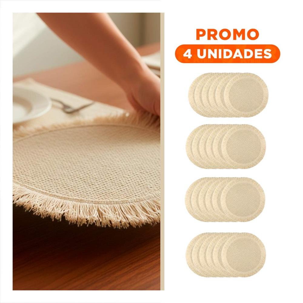 Pack4 Cubremesas Tejidos Circulares de Mesa Flecos Beige Set de 6 de 38cm