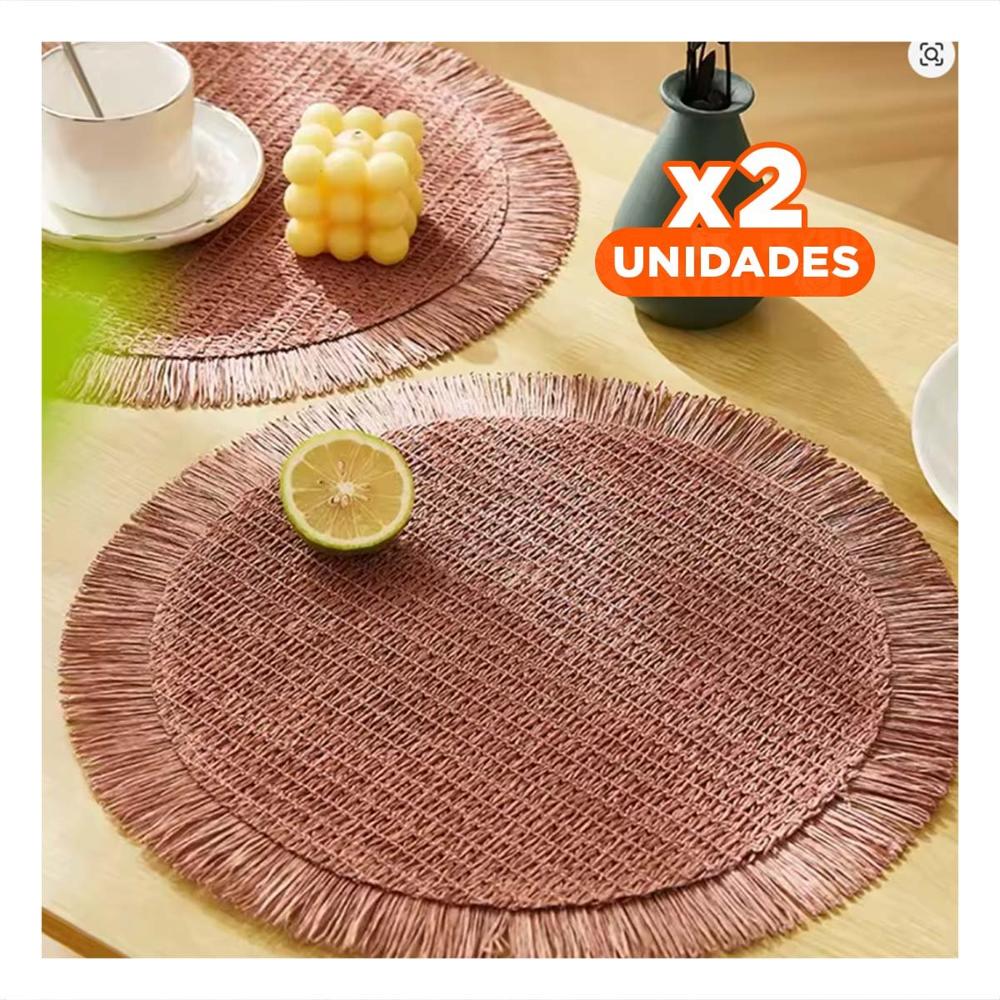 Pack2 Bases Tejidas Circulares con Flecos en Set de 6 Color Rosado Y Papel Regalo