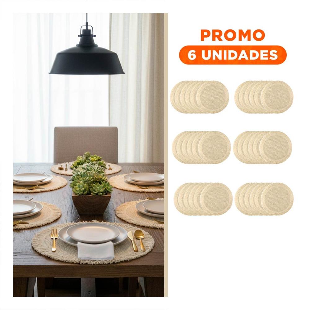Pack6 Accesorios de Mesa Tejidos con Flecos Circulares Beige Set de 6 Y Regalo Sticker