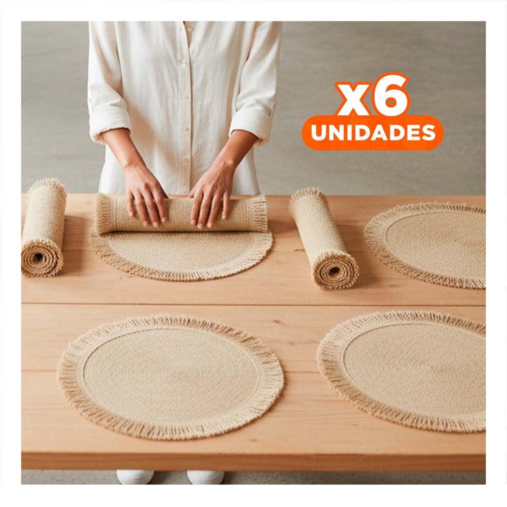 Pack6 Accesorios con Forma Circular Tejida Flecos Caqui Set de 6 de 38cm Y Papel Regalo