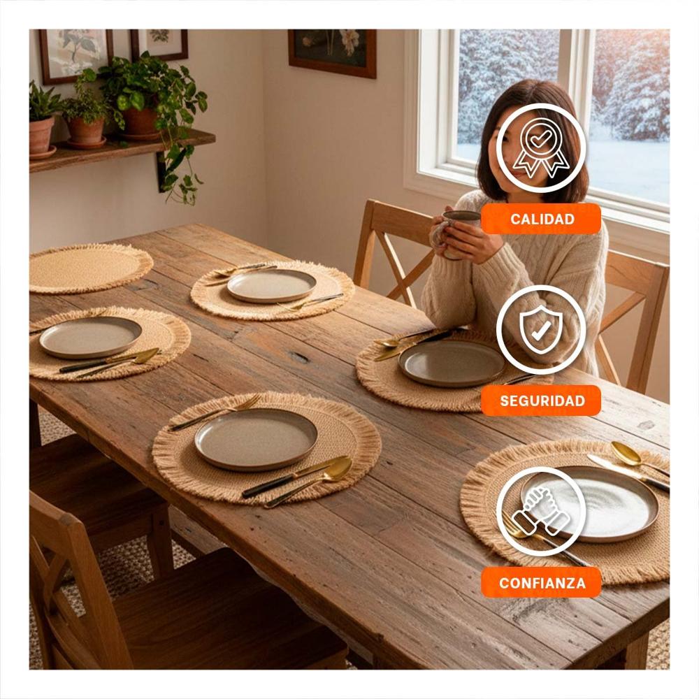 Individuales Circulares Tejidos con Flecos Color Caqui en Set de 6 Piezas para Mesa