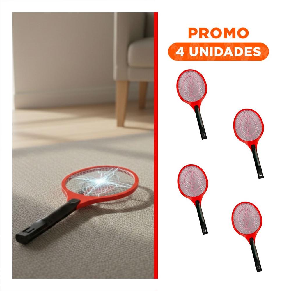 Pack4 Raqueta Electrica Rojo Mango Negro para Hogar y Eliminacion de Mosquitos