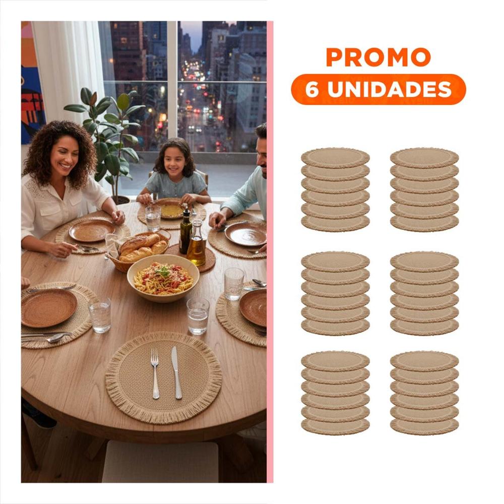 Pack6 Accesorios de Mesa Tejidos con Flecos Circulares Caqui Set de 6 Y Regalo Sticker