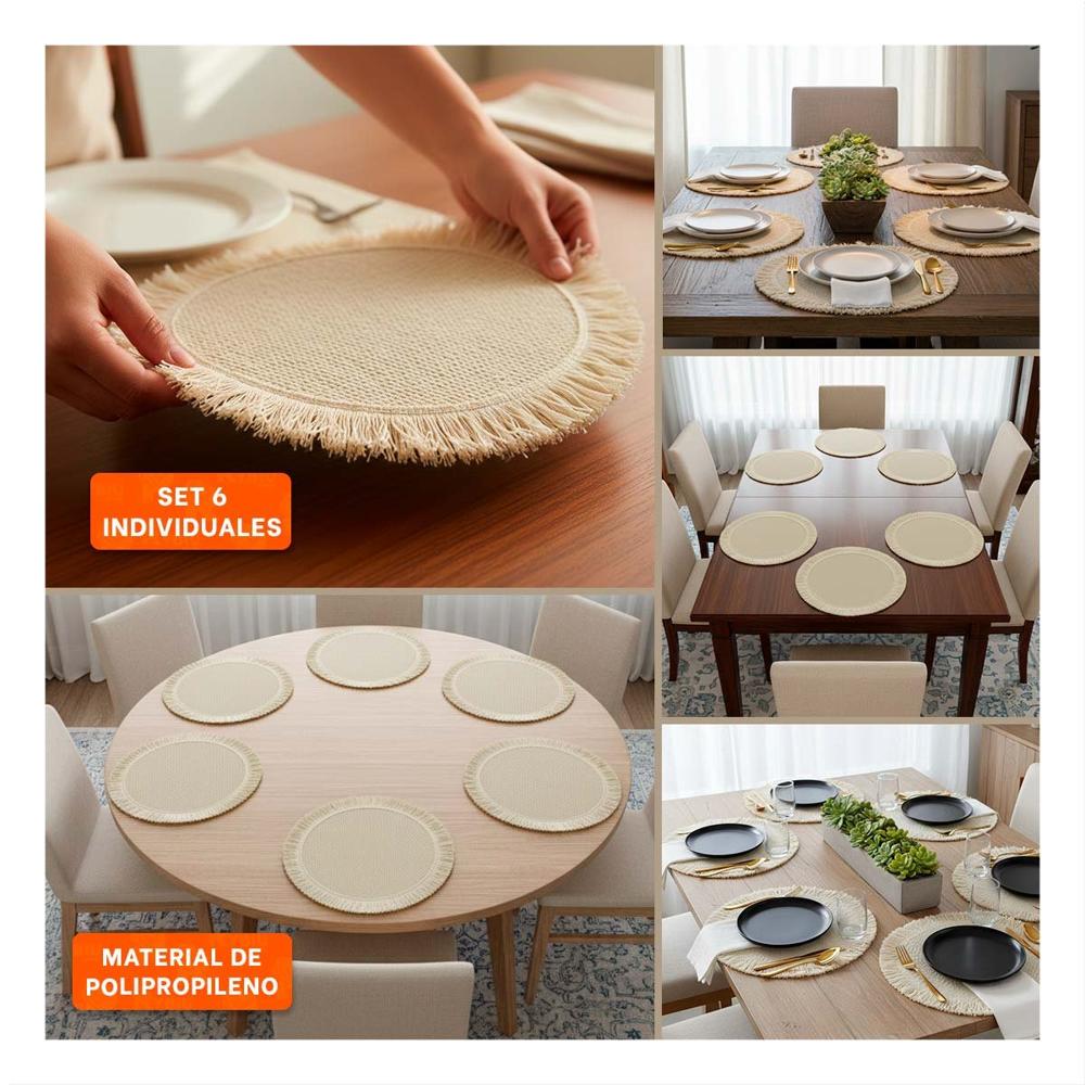Individuales de Tejido Circular con Flecos en Set de 6 Piezas Color Beige Y Ligas Regalo