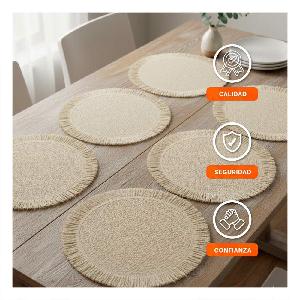 Individuales Circulares Tejidos con Flecos Color Beige en Set de 6 Piezas para Mesa
