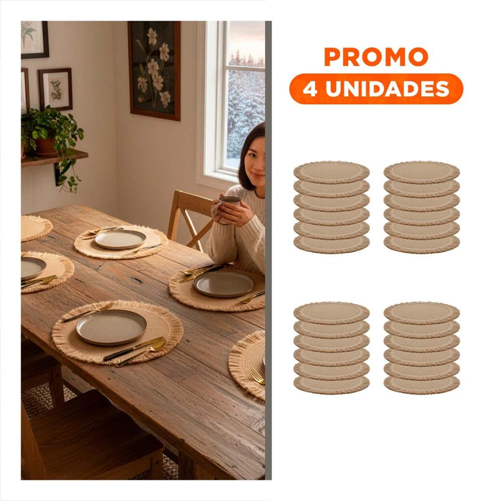 Pack4 Cubremesas Tejidos Circulares de Mesa Flecos Caqui Set de 6 de 38cm