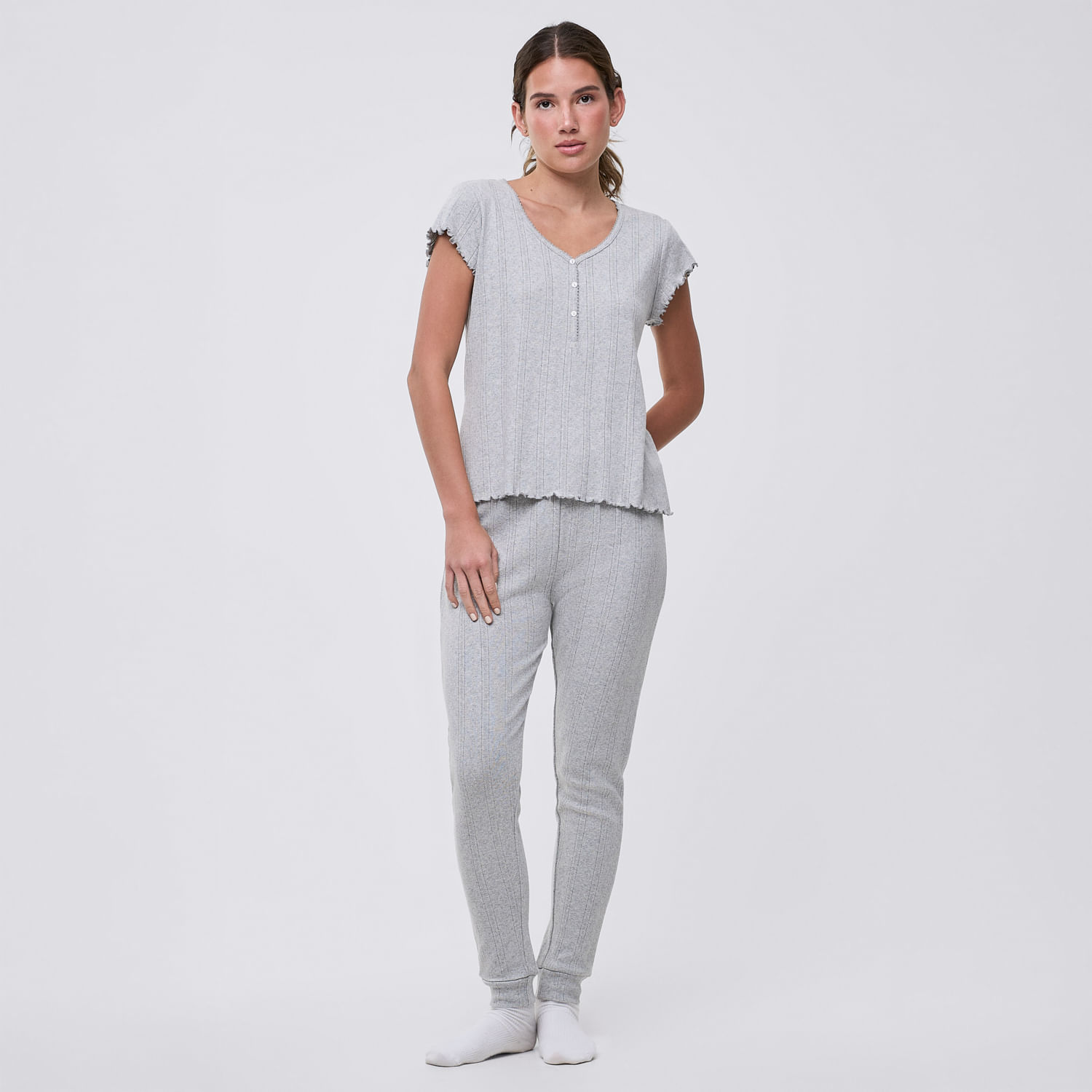 Pijama Mujer Pointelle Hypnotic + Pantalón Gris Claro Talla S