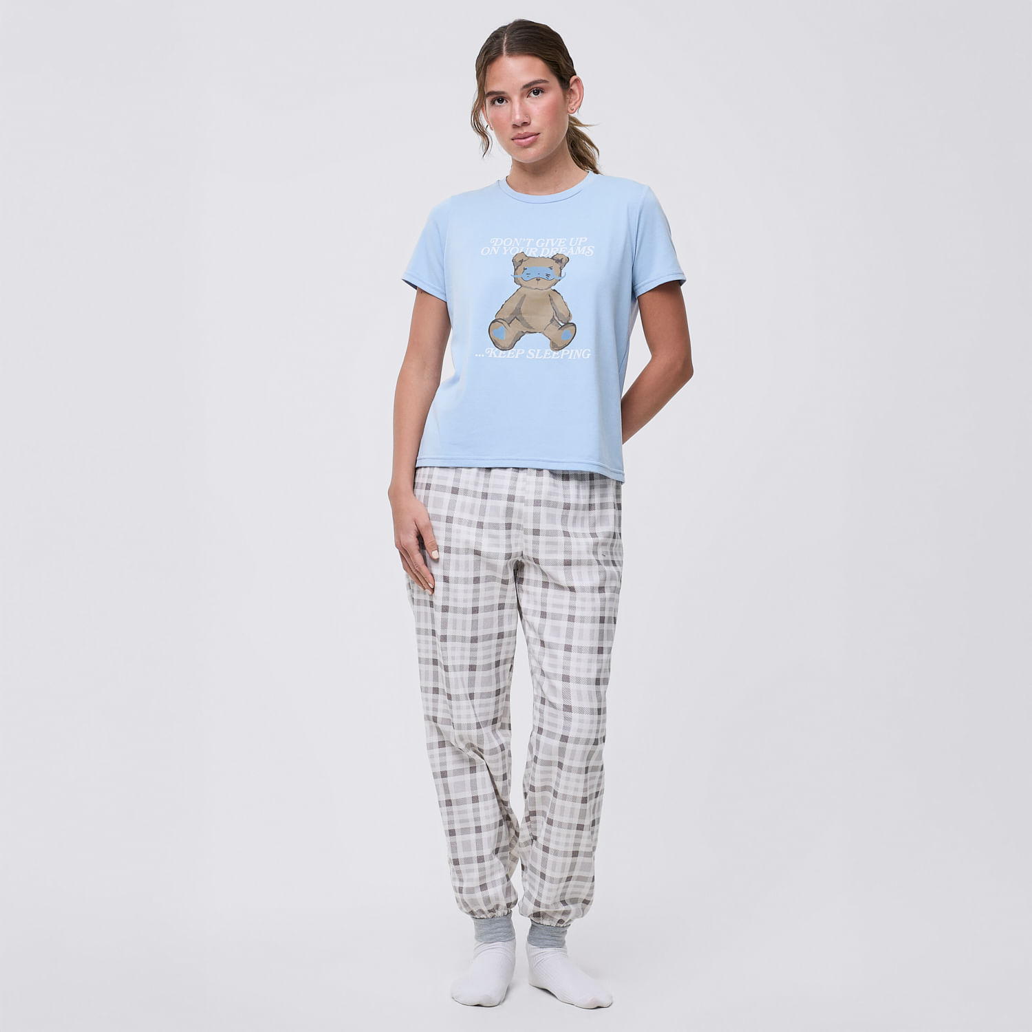 Pijama Mujer Teddy Flannel Hypnotic + Pantalón Celeste Cielo Talla M