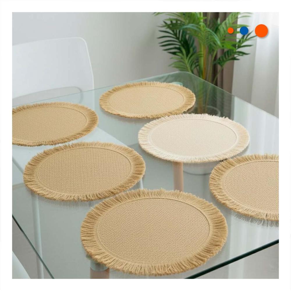Individuales Tejidos Circulares con Flecos para Mesa en Color Caqui Set de 6 Y Papel Regalo