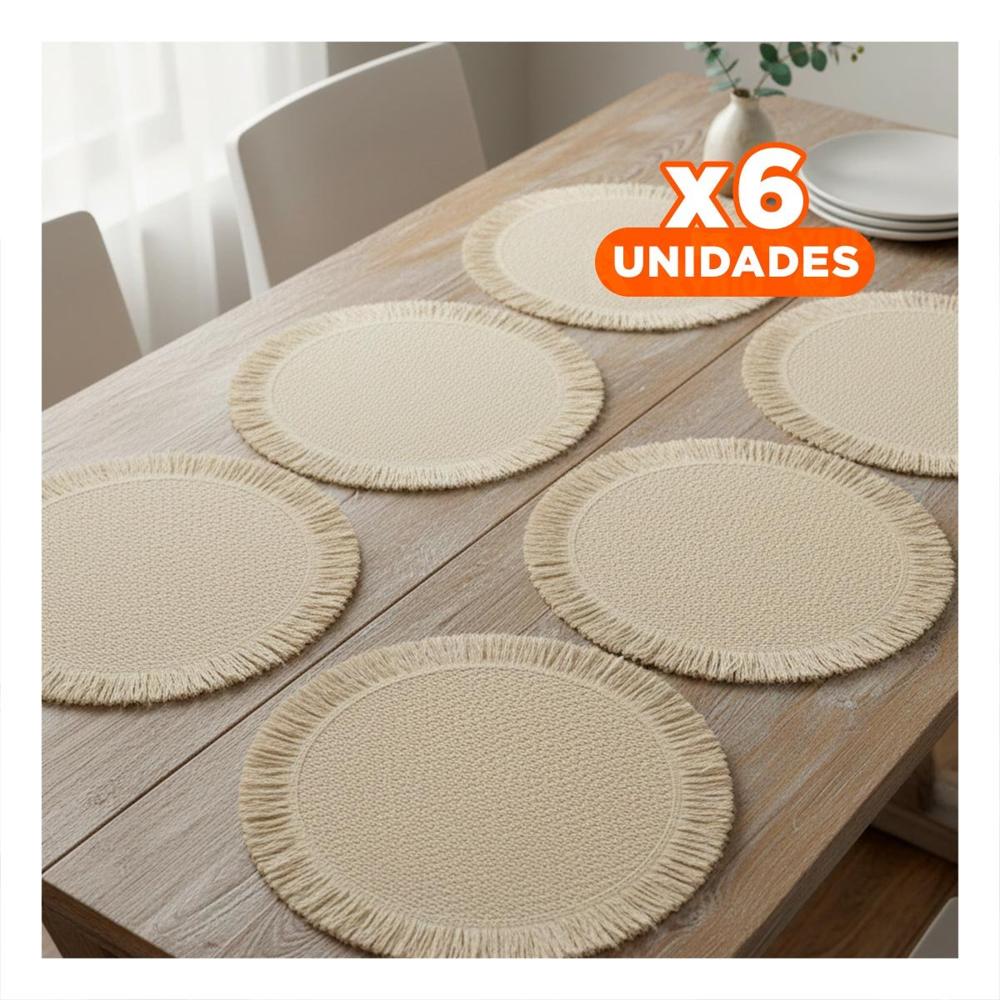 Pack6 Accesorios Circulares Tejidos con Flecos Beige Incluidos en Set de 6 de 38cm
