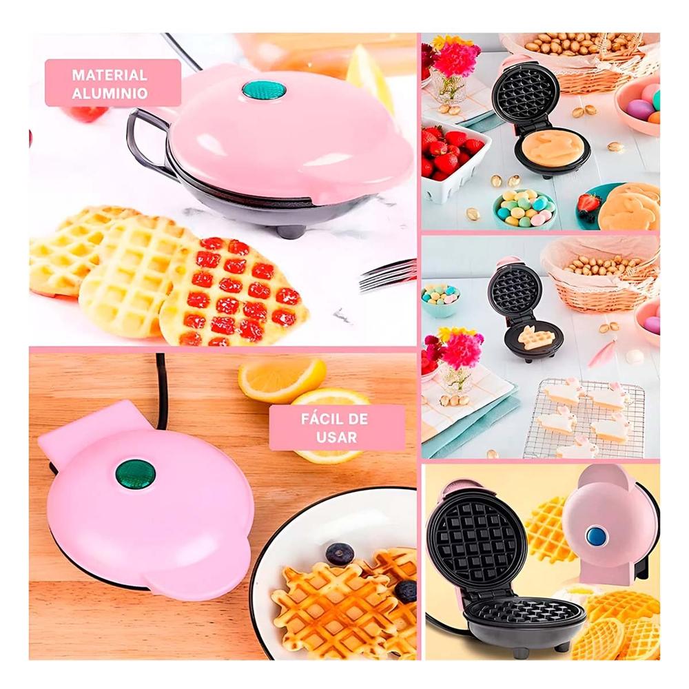 Mini Waflera Circular Rosado para Cocina y Preparacion Diaria de Waffles Frescos Y Ligas Regalo