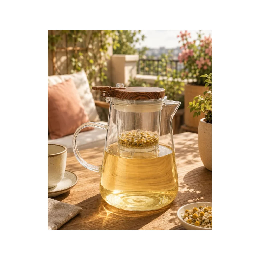 Jarra Filtrante de Vidrio Borosilicato 950 ML con Infusor y Tapa Tipo Madera