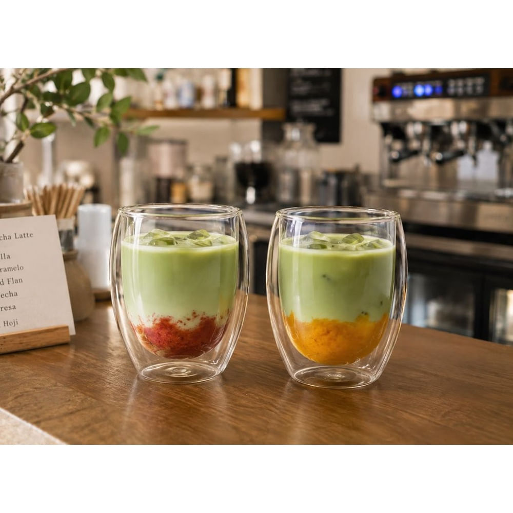 2 Vasos de Vidrio Borosilicato Doble Fondo 340 ml para Bebidas Frías y Calientes