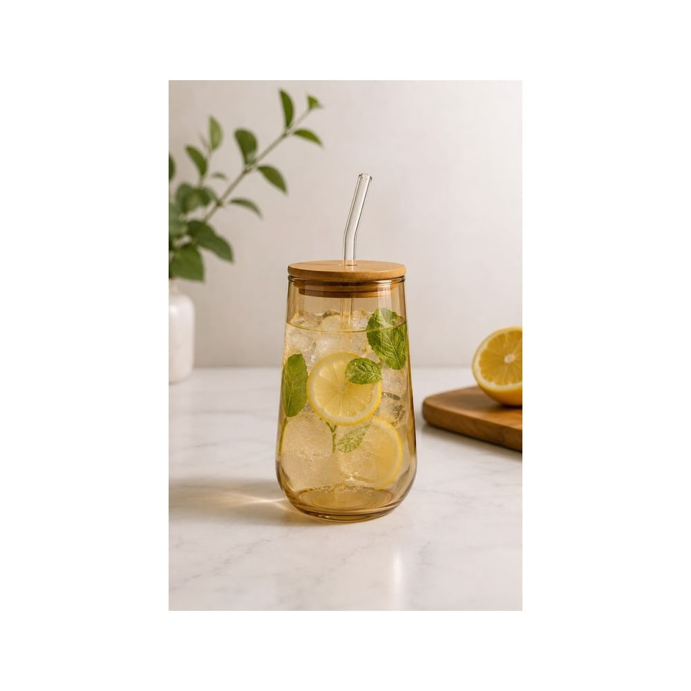 Sets x4 Vasos de Vidrio Borosilicato Gold con Tapa de Bambú  550 ml