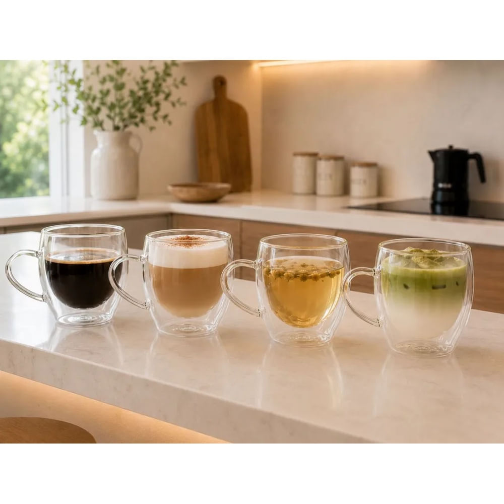 4 Tazas Doble Fondo de Vidrio Borosilicato 300 ML