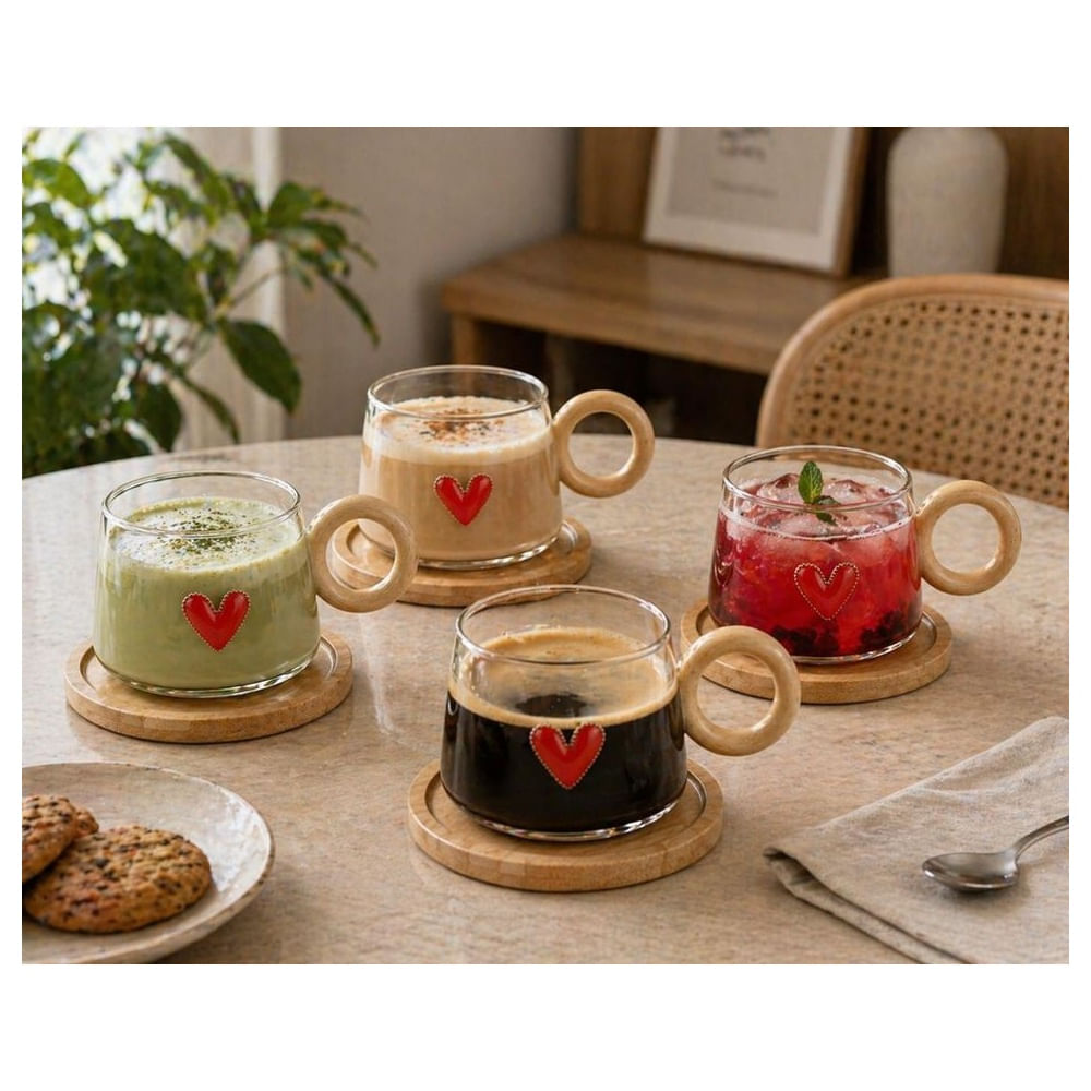 Sets de 4 Tazas de Vidrio Borosilicato con Asas y platos de Bambú