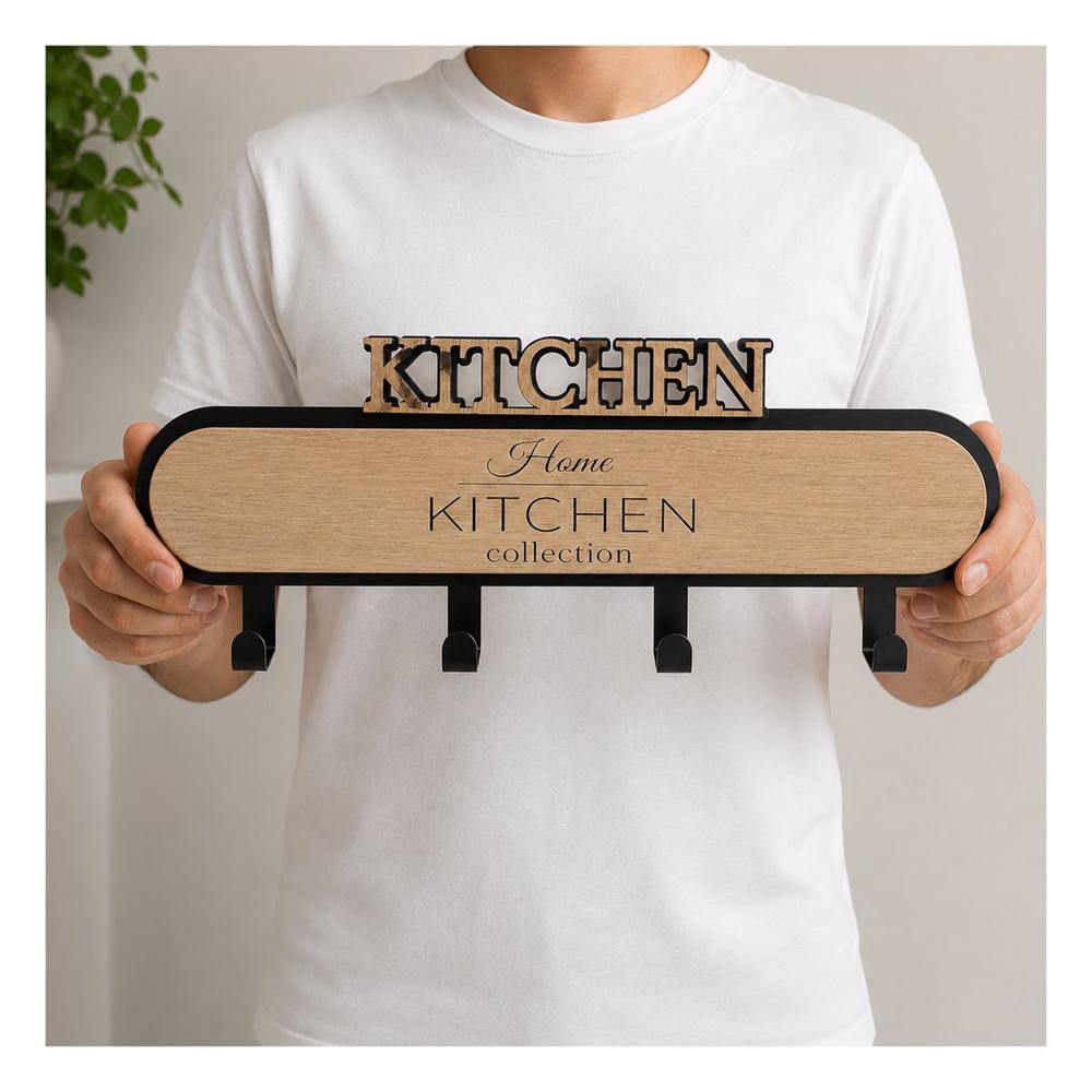 Perchero 39x13.5cm Kitchen Negro y Beige con 4 Ganchos para Entrada Y Sticky