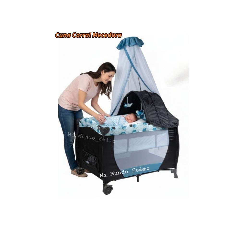 Cuna Corral de Bebe con Mecedora Azul