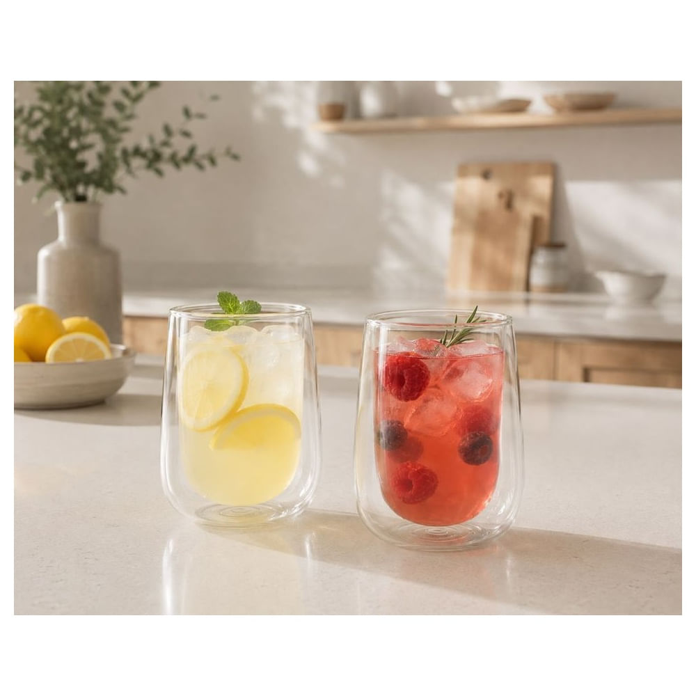 2 Vasos Doble Fondo de Vidrio Borosilicato 350 ml para Bebidas Frías y Calientes